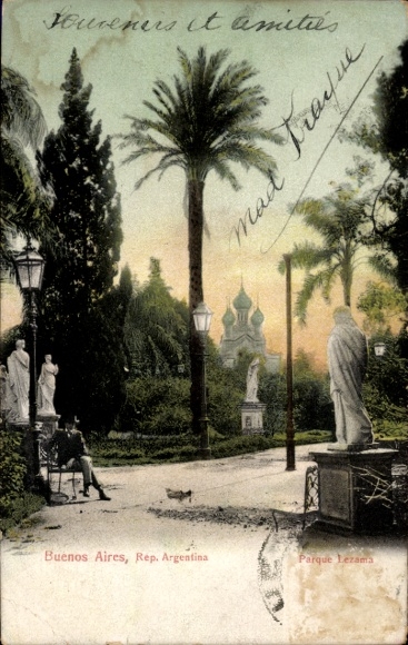 PC Buenos Aires Argentina, Parque Lezama, palm trees, statues, lettering 'souveners et amitiés'