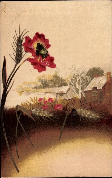 Emboss Postcard Blooming flowers, poppies, crops, village, houses