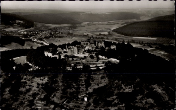 Postcard Neustadt Breuberg in the Odenwald, aerial view of Breuberg Castle, surroundings with hills, landscape