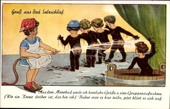 Postcard Bad Salzschlirf in Hesse, From the mud bath, group photo, humor