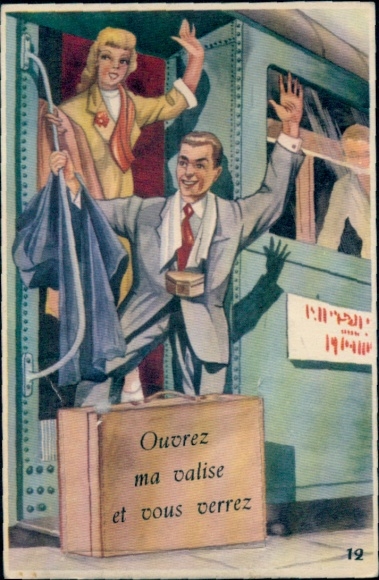 Leporello Postcard train station, man and woman getting off the train