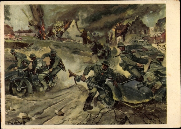 Künstler Ak Mundorff, V., Deutsche Wehrmacht, Kradschützen, Motorräder, Kampfgebiet, II. WK