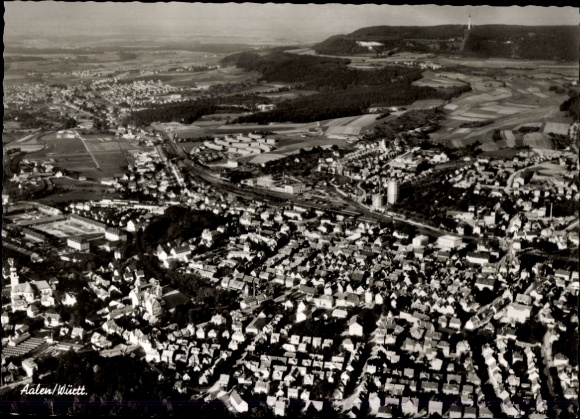 Postcard Aalen in the Ostalbkreis Württemberg, aerial view of many houses, fields, forests, streets