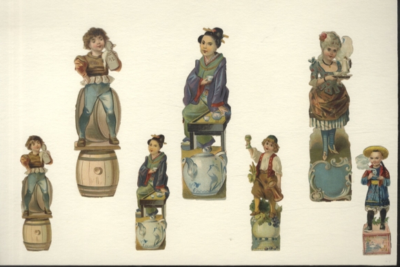 7 wafers of children of different nations with a typical drink, approx. 12 x 4 and 8 x 3 cm