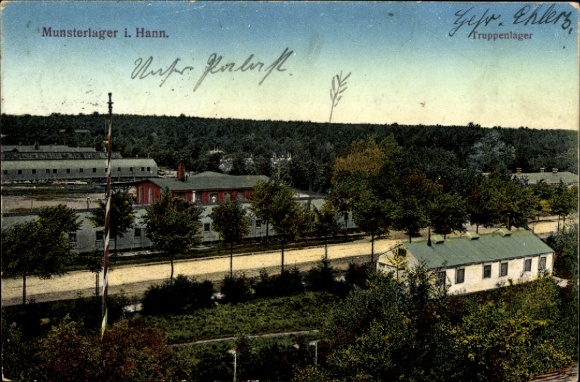 Postcard Rahmersee Wandlitz, view of the troop camp with barracks, trees and a watchtower.
