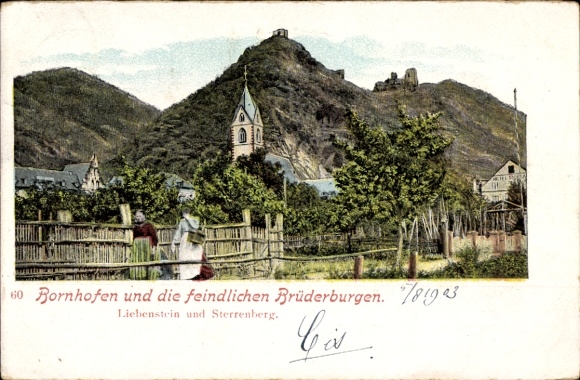 Ak Bornhofen am Rhein, Darstellung von  feindliche Brüderburgen, Liebenstein, Sterrenberg