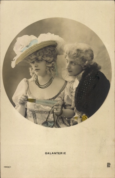 Postcard Gallantry, couple, woman with fan, hat