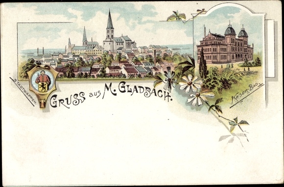 Chromo-Litho Mönchengladbach on the Lower Rhine, Kaiserbad, total view, city coat of arms