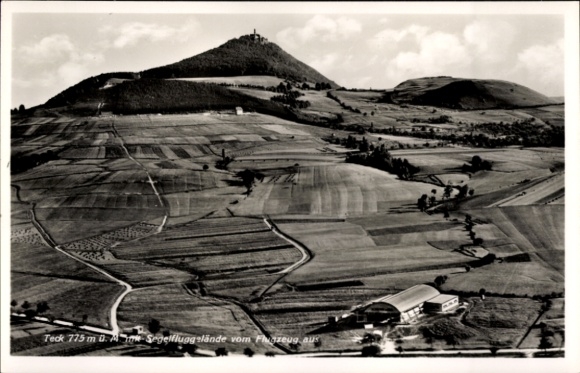 Postcard Kirchheim unter Teck Württemberg, view from the airplane, Teck 775 m, glider damage, landscape