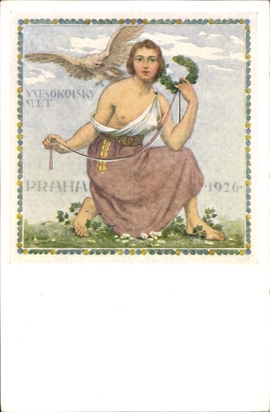 Artist Postcard Wachsman, B., Praha Prag, Vsesokolsky Slet 1926, woman with victory wreath, breasts, eagle