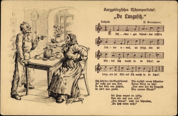 Song artists Postcard Schneider, Rud., Aarzgebirge Tschumperliedel, De Lusgusch, P. Graupner