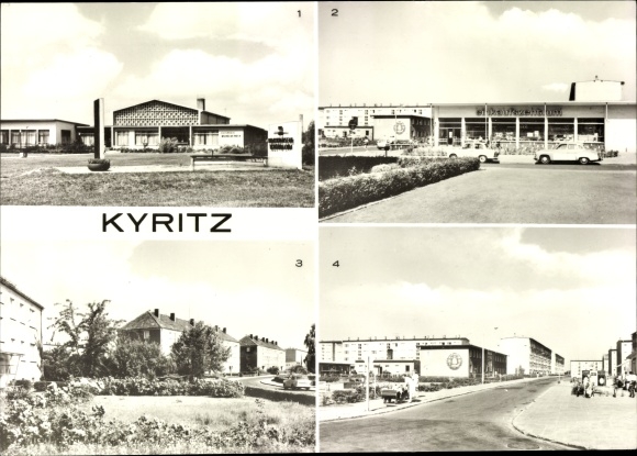 Postcard Kyritz in der Prignitz, Kulturhaus Wilhelm Pieck, HO shopping center, Friedensstrasse