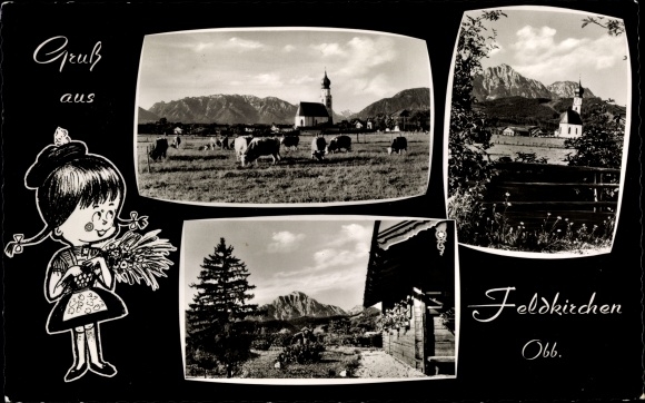 Postcard Feldkirchen Ainring Oberbayern, partial view, church, cows grazing