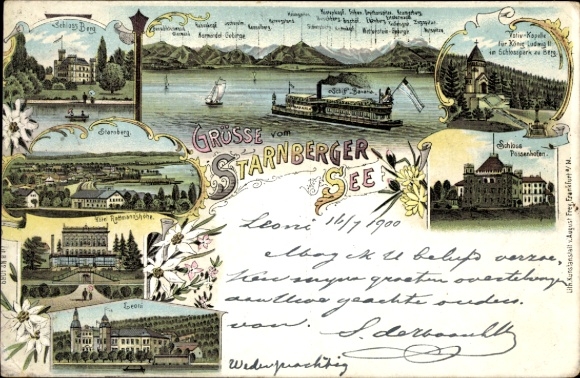 Chromo-Litho Possenhofen Pöcking in the district of Starnberg Upper Bavaria, Starnberg, Leoni, Berg Castle, steamer