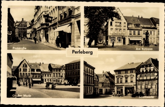 Postcard Perleberg in der Prignitz, Poststraße, Town Hall, Great Market, Shoe Market