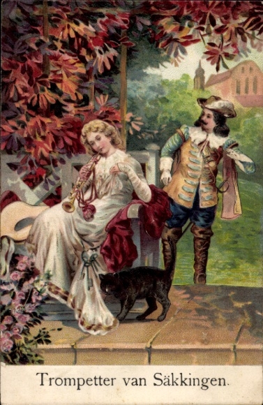 Embossed PC of lovers, trumpeter of Säckingen, cat, park, church, park bench