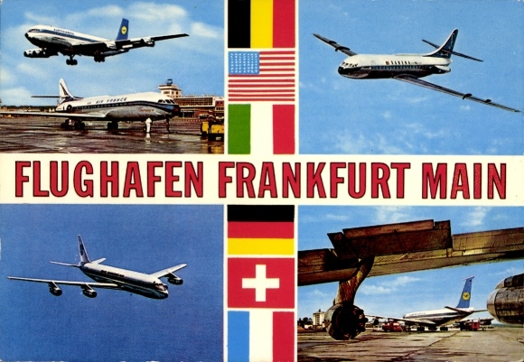 Postcard Frankfurt am Main, airport, passenger aircraft Lufthansa, Air France