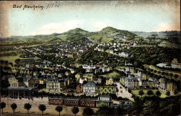 Ak Bad Nauheim in Hessen, Bahnhof Gleisseite, Dampfzug, Panorama