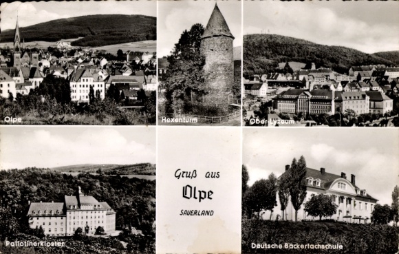 Ak Olpe im Sauerland, heksentoren, bakkerijschool, Pallotijnenklooster, hoger lyceum, locatie
