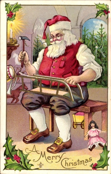 litho Gefeliciteerd Kerstmis, Kerstman bouwt een slee, hulsttakken