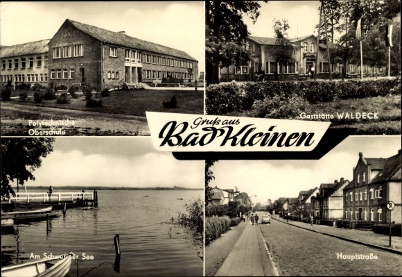 Postcard Bad Kleinen in Mecklenburg, Polytechnic High School, Restaurant Waldeck, Lake Schwerin