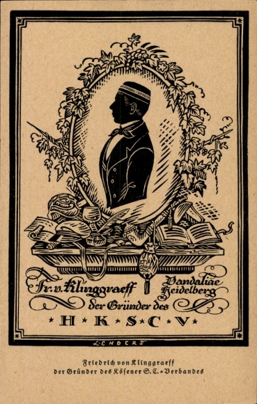 Paper cutting Studentika Postcard Friedrich von Klinggraeff, founder of the HKSCV, German Corps Newspaper