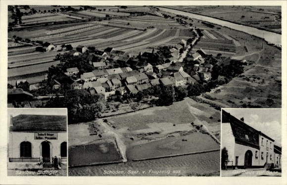 Postcard Schoden an der Saar, aerial photograph, Gasthaus zur Saar, Saalbau Bidinger