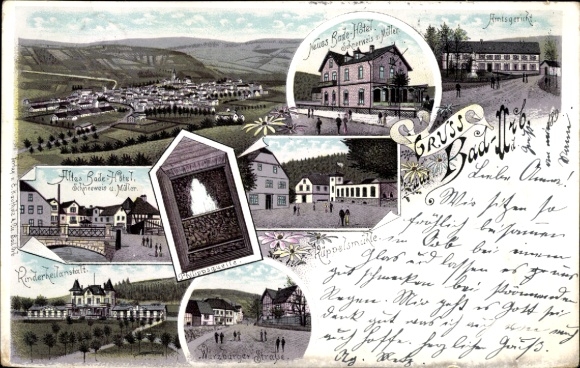Chromo-Litho Bad Orb, Panorama, Rüppelsmühle, old and new bathing hotel, district court, children's hospital