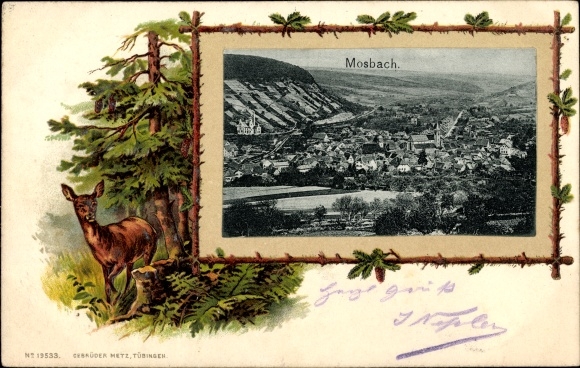 Kartka pocztowa passepartout tłoczona Mosbach am Odenwald Baden, panorama miasta i okolic, jeleń