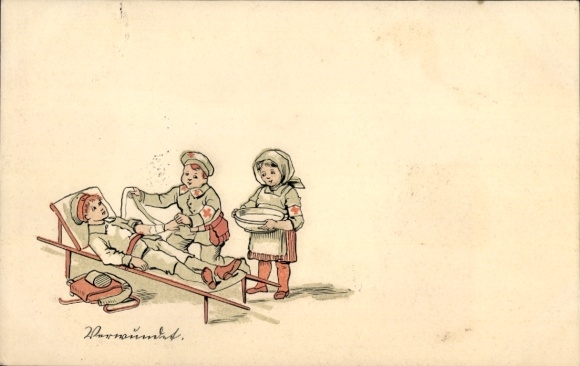 Postcard Children as Soldiers, Wounded Boy, Girl as Medic