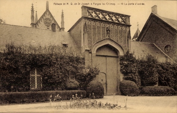 Postcard Forges Chimay Wallonia Hainaut, monastery, entrance door, plants, architecture