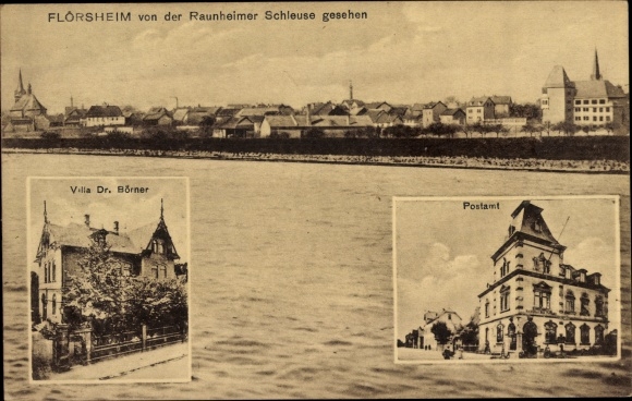 Postcard Flörsheim am Main, Villa Dr. Börner, post office, city of Raunheimer Schleuse