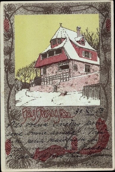 Lithography Postcard Haus Herzog, winter view, squirrel