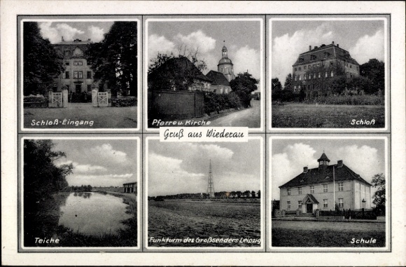 Ak Wiederau in Sachsen, Schloß-Eingang, Pfarre u. Kirche, Schloß, Teiche, Funkturm, Schule