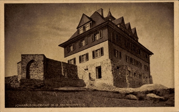 Johanngeorgenstadt in the Ore Mountains, historic building, new youth hostel, stone carving, ...