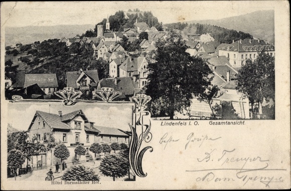 Art Nouveau PC Lindenfels in the Odenwald Hesse, general view of the village, Hotel Darmstädter Hof