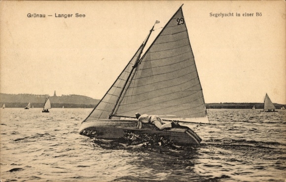 Postcard Berlin Köpenick Grünau, sailing yacht, Bö, Langer See