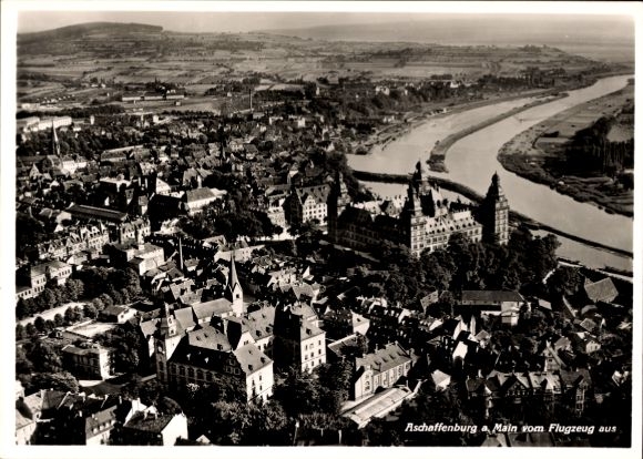 Postcard Aschaffenburg in Lower Franconia, aerial view of river and landscape