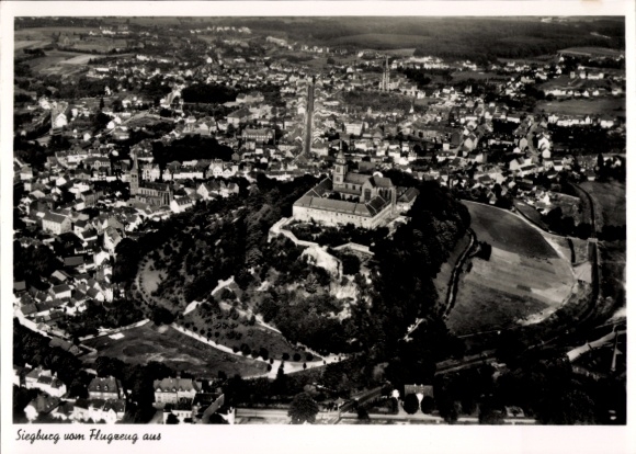 Postcard Siegburg an der Sieg, aerial view of the city, castle visible, trees, fields