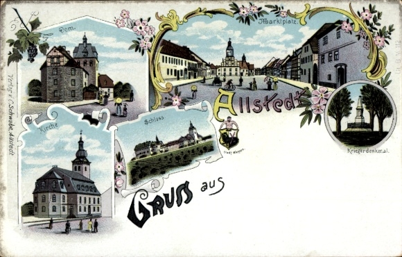Litho Allstedt in Sachsen Anhalt, Schloss, Dom, Kirche, Marktplatz, Kriegerdenkmal, Wappen