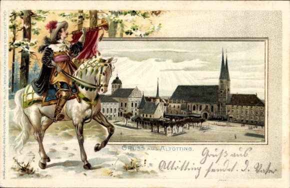 Embossed Passepartout Chromo-Litho Horn Altötting in Upper Bavaria, Market Square, Church, Trumpeter of Säckingen