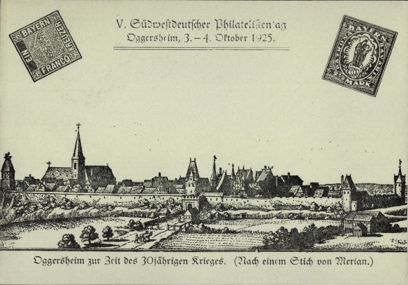 Artysta papeterii pocztowej KP Merian, Oggersheim Ludwigshafen Rhein, Dzień Filatelistów Południowo-Zachodnich Niemiec 1925