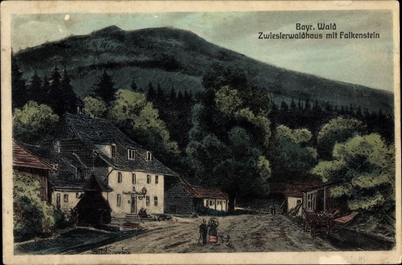Artist PC Zwieslerwaldhaus Lindberg district of Regen, partial view with Falkenstein, Bavarian Forest