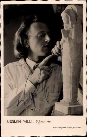 Postcard passion play actor Willi Bierling, Johannes, woodcarver, autograph