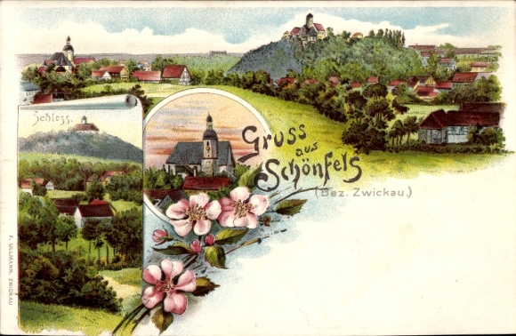 Chromo-Litho Schönfels Lichtentanne in Saxony, general view, castle