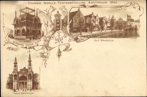 Lithograph Amsterdam, World Exhibition 1895, Blookers Cacao Kiosk, Main Building, The Canal