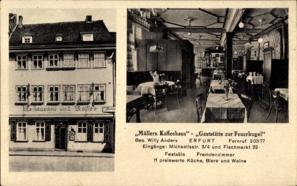Postcard Erfurt in Thuringia, Müller's Coffee House, Restaurant "Zur Feuerkugel"