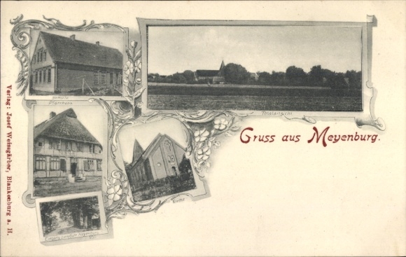 Postcard Meyenburg in der Prignitz, general view, rectory, church, school