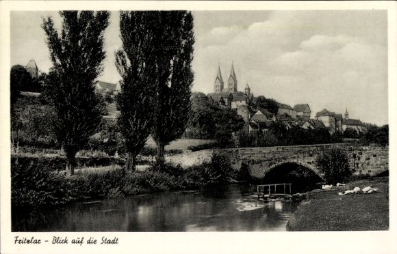Postcard Fritzlar in Hessen, partial view, water, bridge, geese