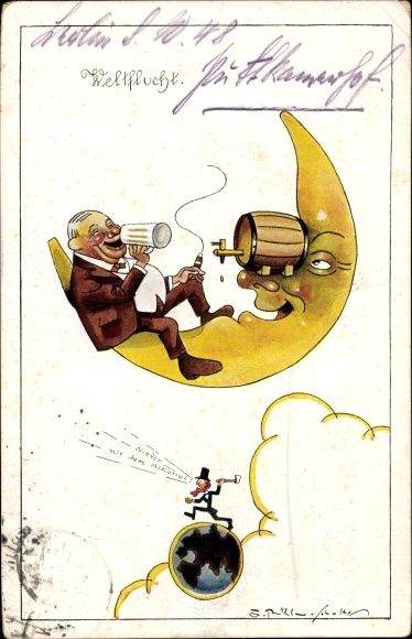 Artist Postcard world flight, man with beer glass and cigar on crescent moon, moon face, beer barrel